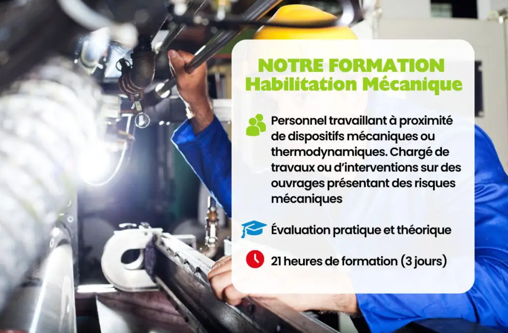 texte présentant la formation habilitation mécanique d'Alyence sur fond de photo d'un ouvrier travaillant sur une machine