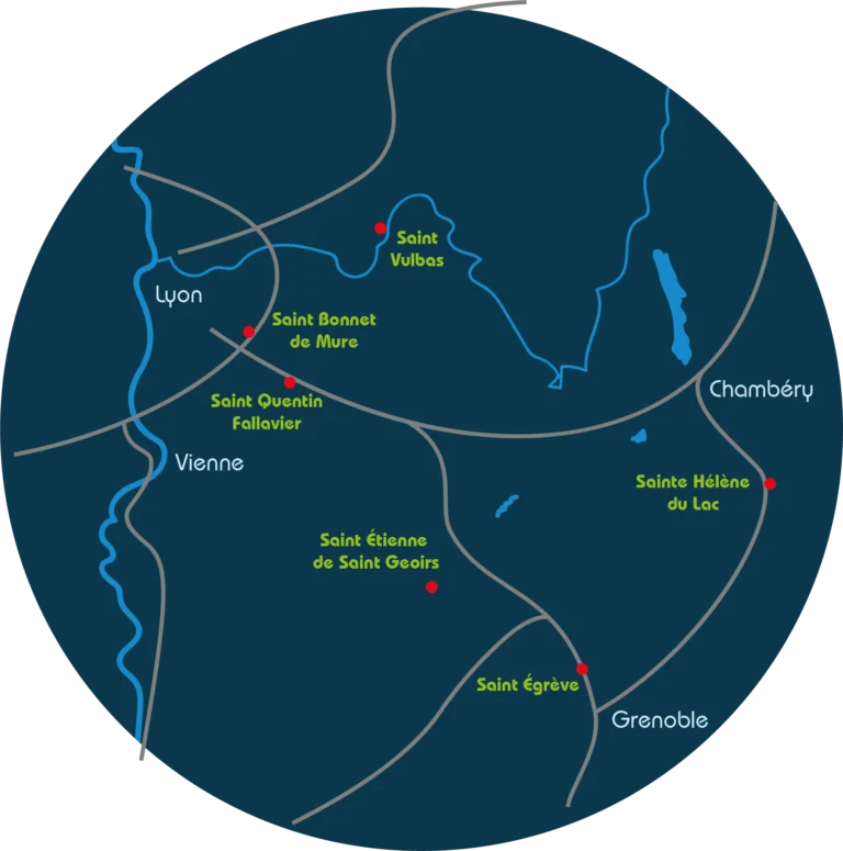 Carte des 6 centres Alyence formation : Saint Bonnet de Mure, Saint Vulbas, Saint Quentin Fallavier, Saint Etienne de Saint Geoirs, Sainte Hélène du Lac et Saint Égrève